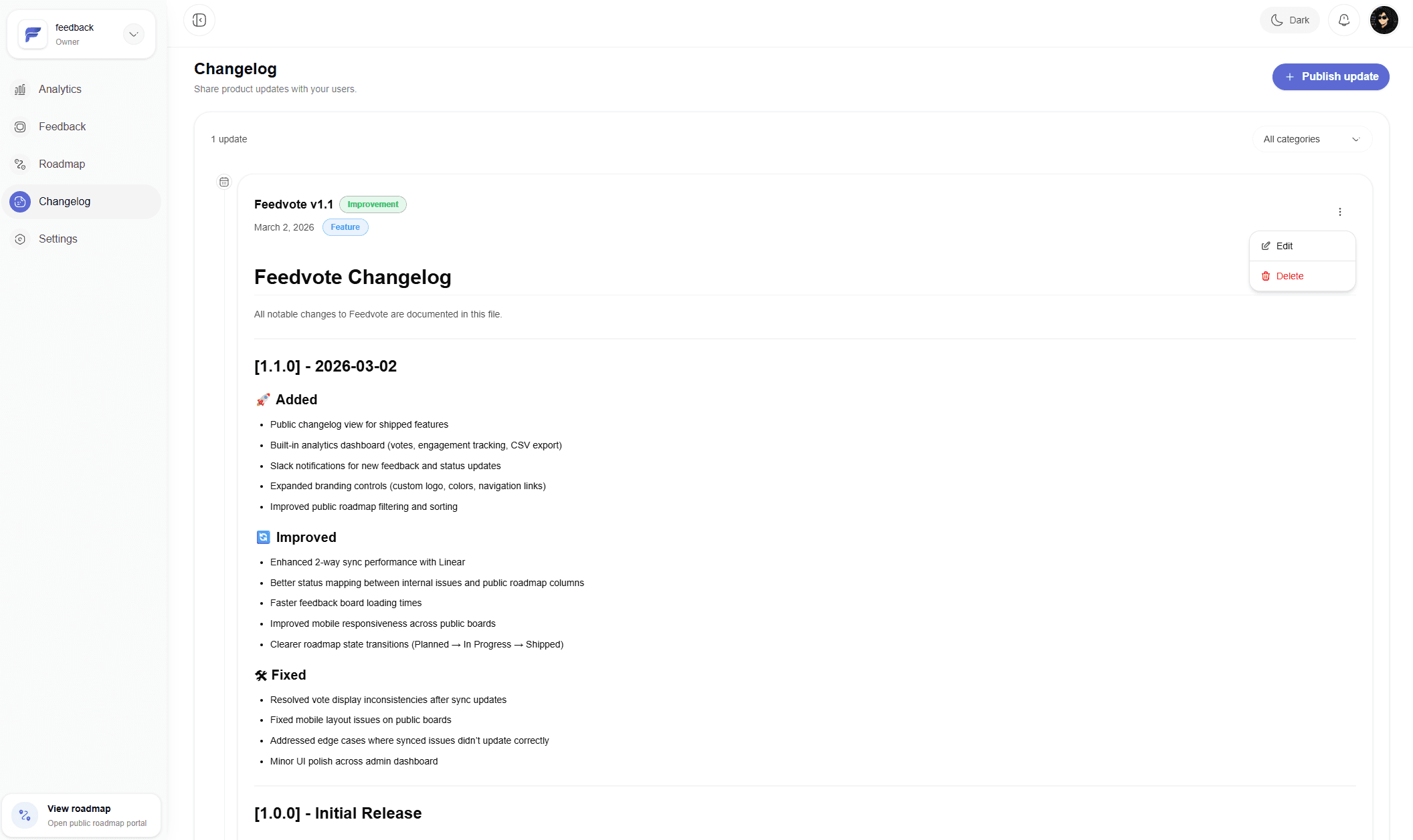 Feedvote changelog editor for customer-facing product updates