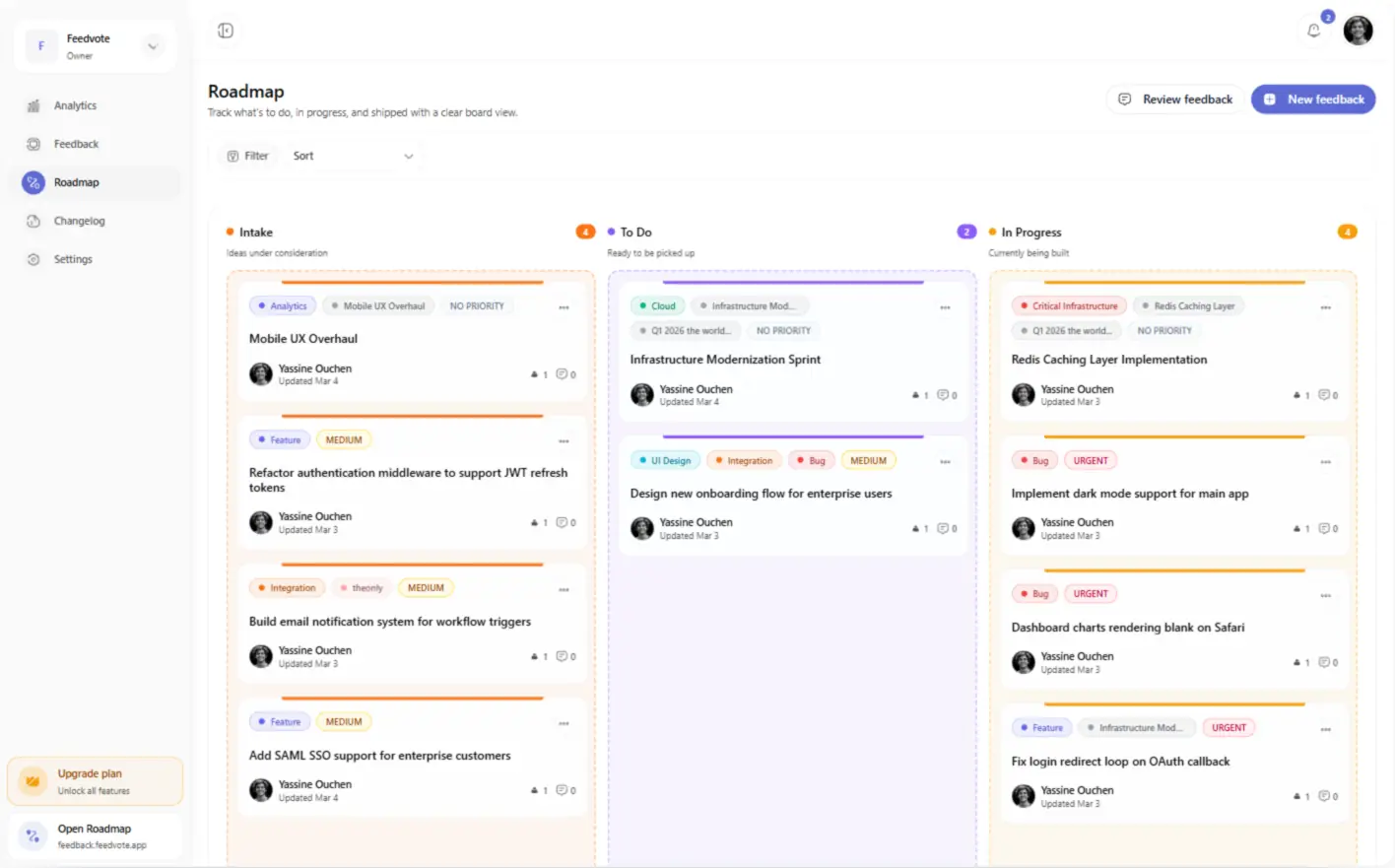 Feedvote preview showing a customer-facing roadmap synced with Linear